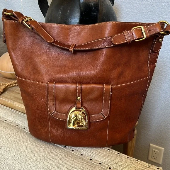 Ralph Lauren Vintage Western Style Horse Emblem Leather Tote Shoulder Bag - Picture 1 of 13